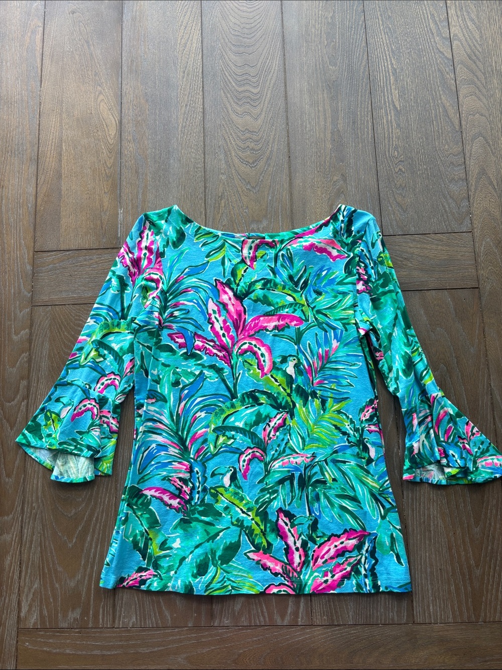 Lilly Pulitzer Teal Floral Bell-Sleeve Boatneck Top